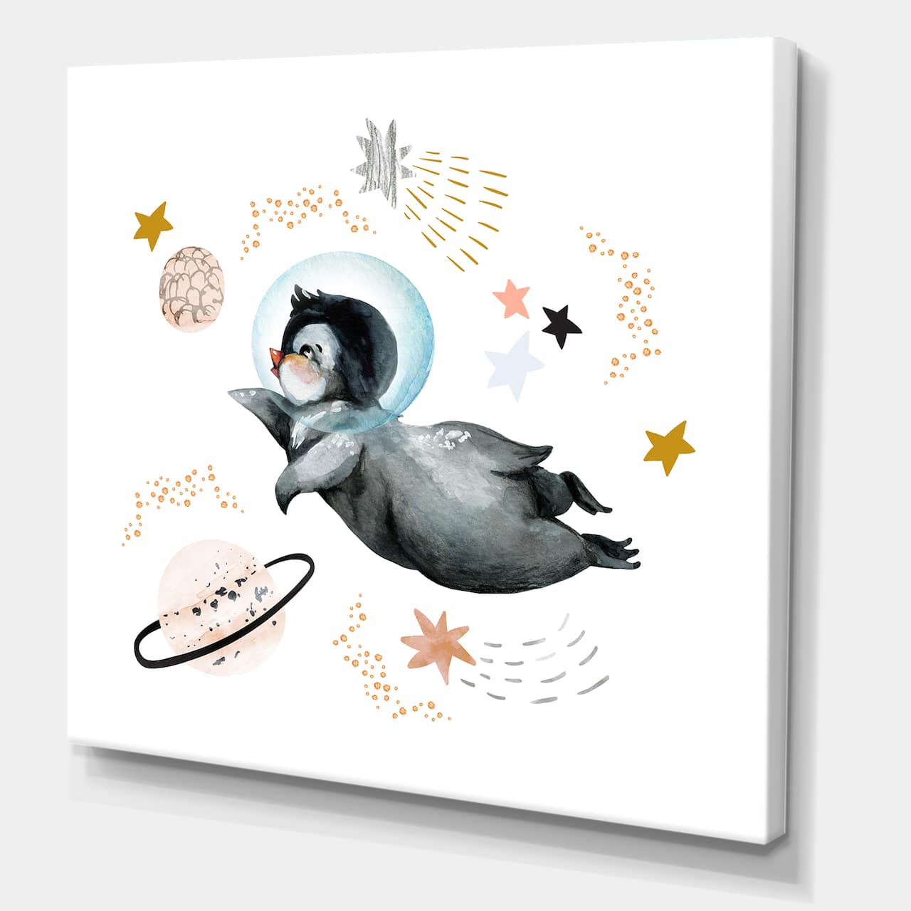 Designart - Little Penguin Flying Stars and Planets II - Farmhouse Canvas Wall Art Print